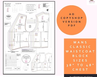 Chaleco entallado para hombre - Patrón base o patrón base - Talla de pecho 38" - 48" - Versión A0 para copistería - Imprime tú mismo - Patronistas profesionales