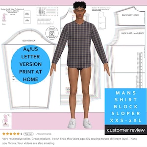 Può includere: Un modello di cucito digitale per una camicia da uomo, con una camicia a maniche lunghe a quadri su un manichino. Il modello include diagrammi e il testo "A4/US LETTER VERSION PRINT AT HOME". Il modello è per le taglie XXS-2XL.
