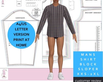 Chemise homme - Basic Block - Slopers pour hommes - Taille XXS - 2XL - Version lettre US A4 - Impression à la maison - Créateur de motifs professionnel