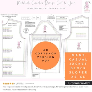 Può includere: Un modello di blocco di foglio per una giacca casual da uomo, con il testo "MANS CASUAL JACKET BLOCK SLOPER XS-XL". Il design include blocchi di giacca anteriori e posteriori, una chiave delle taglie e il testo "AO COPSYSHOP VERSION PDF".