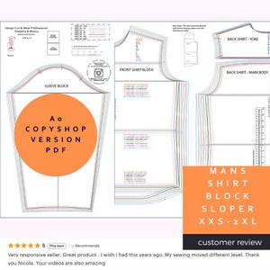 Op de afbeelding: Een gedetailleerde naaipatroon lay-out met shirtblokontwerpen. De afbeelding toont diagrammen voor mouwen, voorpand en achterpand van het shirt. Tekst bevat "MANS SHIRT BLOCK SLOPER" en maten van XXS tot 2XL. Een oranje cirkel leest "Ao COPYSHOP VERSION PDF".