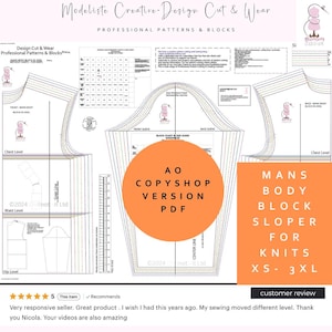 May include: A sewing pattern featuring the text "Modeliste Creative-Design Cut & Wear" and "Professional Patterns & Blocks." The pattern includes diagrams, measurements, and the text "MANS BODY BLOCK SLOPER FOR KNITS XS - 3XL."