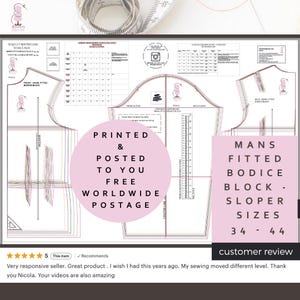 Pode incluir: Um padrão de costura impresso para um padrão base de corpete ajustado para homem, tamanhos 34-44. O padrão inclui diagramas e medidas detalhadas. O texto na imagem diz "Printed & Posted To You Free Worldwide Postage."