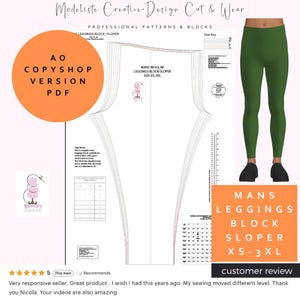 May include: A digital pattern for men's leggings, featuring a block sloper design in sizes XS-3XL. The image includes a green pair of leggings and a pattern sheet with the text "MANS REGULAR LEGGINGS BLOCK/SLOPER". The pattern is available as an A0 copy shop version PDF.