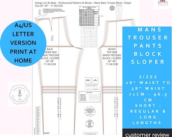 Bloc de pantalon basique pour homme - Sloper - Tour de taille de 28 à 38 pouces - Idéal pour les créateurs de patrons ou les petites entreprises de mode - A4 - Version LETTRE US