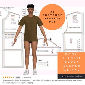 Può includere: Un modello digitale per un modello base di t-shirt da uomo, taglie XS-3XL. L'immagine mostra un modello 3D che indossa una t-shirt marrone. Il modello include blocchi anteriori, posteriori e maniche, con etichette delle taglie. Il testo sull'immagine recita "COPYSHOP VERSION PDF".
