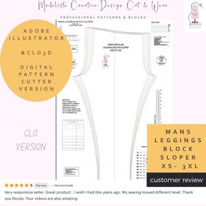Può includere: Un modello digitale per leggings da uomo, con design a blocco. Taglie XS-3XL. Compatibile con Adobe Illustrator e CLO3D. L'immagine include anche recensioni dei clienti.