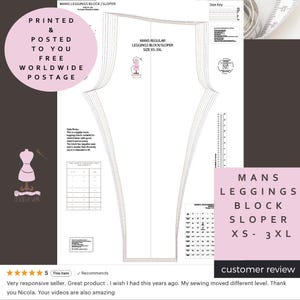 Può includere: Un modello di carta bianco per leggings da uomo, etichettato "MANS LEGGINGS BLOCK/SLOPER" con taglie XS-3XL. Include una tabella delle taglie e una recensione del cliente. È visibile anche il testo "PRINTED & POSTED TO YOU FREE WORLDWIDE POSTAGE".
