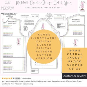 Può includere: Un modello digitale per un blocco giacca casual da uomo, con diagrammi e misure dettagliate. Il design include il testo "ADOBE ILLUSTRATOR DIGITAL & CLO3D DIGITAL PATTERN CUTTER VERSION" e "MANS CASUAL JACKET BLOCK SLOPER XS-XL".