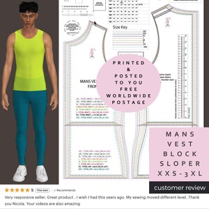 Peut inclure: Illustration numérique d'une personne en débardeur jaune fluo et legging turquoise. Un patron de couture pour un patron de base de gilet homme est affiché, avec des mesures en cm et en pouces. Le texte "PRINTED & POSTED TO YOU FREE WORLDWIDE POSTAGE" est visible.
