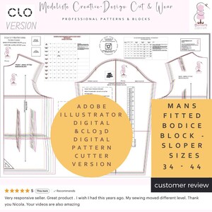 Pode incluir: Padrão digital para um bloco de corpete ajustado masculino, tamanhos 34-44. O design inclui diagramas detalhados e o texto "ADOBE ILLUSTRATOR DIGITAL & CLO3D DIGITAL PATTERN CUTTER VERSION". Para uso profissional.