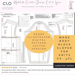 May include: Digital pattern for Adobe Illustrator, featuring a body block sloper for knits. The design includes professional patterns and blocks, with sizes XS to 3XL. The image also includes customer reviews.
