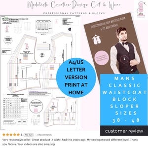 Gilet aderente da uomo - Blocco base o Sloper - Circonferenza torace 38" - 48" - Versione stampabile a casa - A4-US Letter - Taglierine professionali per modelli