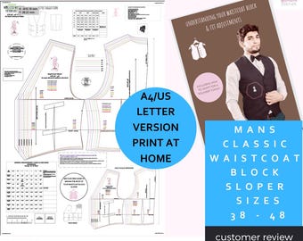 Chaleco entallado para hombre - Patrón base o patrón base - Talla de pecho 38" - 48" - Versión para imprimir en casa - Tamaño A4 - Carta (EE. UU.) - Patronistas profesionales