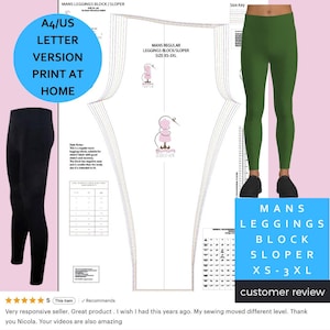 Può includere: L'immagine mostra un paio di leggings neri, un paio di leggings verdi e un modello di cucito per leggings. Il modello include il testo: "MANS LEGGINGS BLOCK/SLOPER" e "SIZE XS-3XL". Un cerchio blu recita "A4/US LETTER VERSION PRINT AT HOME".