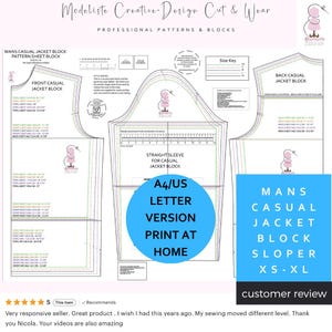 Può includere: Un modello di giacca casual da uomo, con diagrammi e misure dettagliate. Il design include blocchi anteriori e posteriori della giacca, un modello di manica dritta e una tabella delle taglie. Il testo "A4/US Letter Version Print at Home" è visibile.