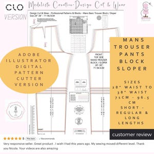 Op de afbeelding: Een digitaal patroon voor een broekblok voor heren, maten van 71 cm tot 96,5 cm taille. Het ontwerp bevat een Adobe Illustrator digitale patroonsnijderversie. Het patroon bevat korte, reguliere en lange lengtes.