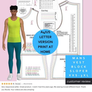 May include: A digital sewing pattern for a men's vest block sloper, sizes XXS-3XL. The image includes a size key, measurements in cm and inches, and the text "A4/US LETTER VERSION PRINT AT HOME". A model wears a yellow vest and teal leggings.