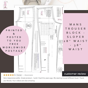 Può includere: Un modello di cucito stampato per un modello base di pantaloni da uomo con una vita di 71 cm e una vita di 97 cm. Il modello è stampato su carta bianca con linee e testo neri. Il testo include "PRINTED & POSTED TO YOU FREE WORLDWIDE POSTAGE."