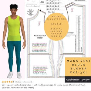 May include: A digital pattern cutter version for a men's vest, with size key and measurements in centimeters and inches. The pattern includes the text "MANS VEST TOP FRONT" and "MANS VEST BLOCK SLOPER XXS-3XL". A customer review is also visible.