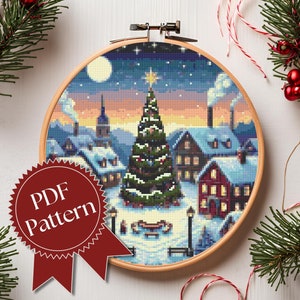 Christmas Town Cross Stitch Pattern, Xmas Embroidery Pattern, Printable PDF, Digital Download, Snowy City Cross-stitch Pattern