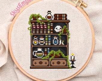 May include: A wooden bookshelf with three shelves filled with books, potion bottles, and a skull. The bookshelf is covered in vines and has two drawers at the bottom.