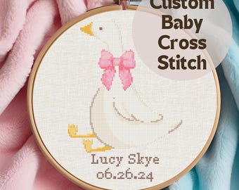 Personalized Baby Gift Cross Stitch Pattern, Custom Mother Goose Birth Announcement, Pink & Blue Nursery Wall Art, DIY Baby Shower Gift