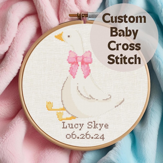 Personalized Baby Gift Cross Stitch Pattern, Custom Mother Goose Birth Announcement, Pink & Blue Nursery Wall Art, DIY Baby Shower Gift