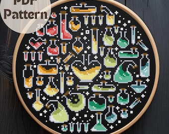 Potions Cross Stitch Pattern PDF, Digital Download Embroidery Chart, Magic Potion Bottles Counted Cross Stitch Design