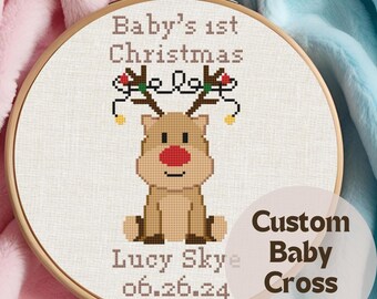 Personalized Baby Gift Cross Stitch Pattern, Custom Reindeer Birth Announcement, Christmas Nursery Wall Art, DIY Baby Shower Gift