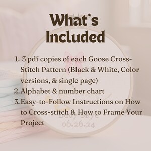 May include: A close-up of a white embroidery hoop with the text "What's Included" in brown text. The text below lists the contents of a cross-stitch kit: 3 PDF copies of the pattern, an alphabet and number chart, and easy-to-follow instructions on how to cross-stitch and frame the project.