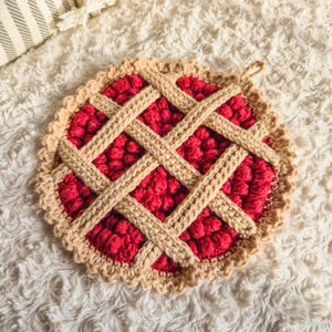 Salvamanteles de cereza de ganchillo, almohadilla térmica de ganchillo hecha a mano, decoración de cocina estilo cottagecore, soporte para ollas de regalo