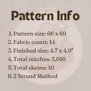May include: A cross-stitch pattern displayed in a wooden hoop. The text "Pattern Info" is at the top. Details include pattern size, fabric count, finished size (4.7 x 4.9 inches), total stitches, skeins, and strand method.