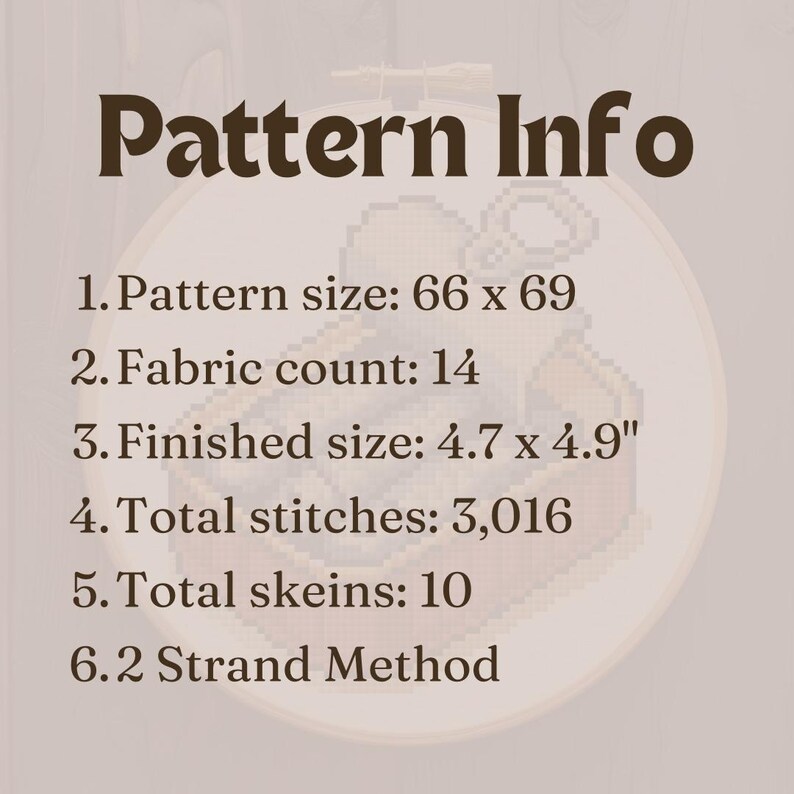 May include: A cross-stitch pattern displayed in a wooden hoop. The text "Pattern Info" is at the top. Details include pattern size, fabric count, finished size (4.7 x 4.9 inches), total stitches, skeins, and strand method.