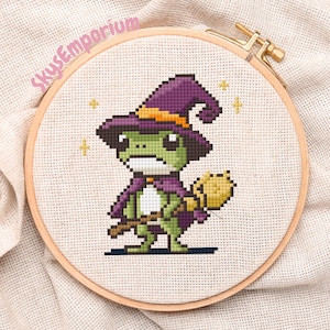 Witch Frog Cross Stitch Pattern, Beginner Frog Embroidery Pattern, Printable PDF, Digital Download, Toad Cross-stitch Pattern