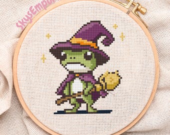 Witch Frog Cross Stitch Pattern, Beginner Frog Embroidery Pattern, Printable PDF, Digital Download, Toad Cross-stitch Pattern