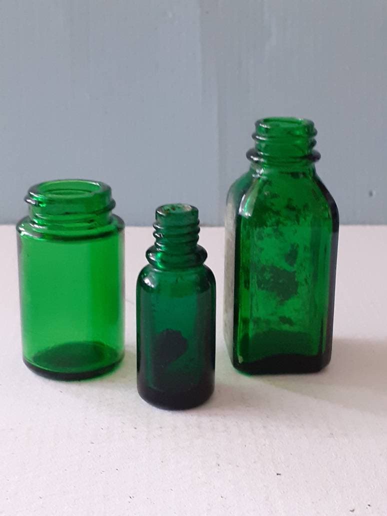 Trio of vintage green Glass Medicine bottles Etsy