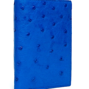 Monedero azul de avestruz vertical de los hombres, piel de avestruz genuina, billetera exótica Bifold, cartera bifold de avestruz dentro y fuera