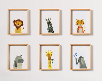 May include: Six framed animal illustrations in a white wall gallery. The illustrations feature a lion, zebra, tiger, hippopotamus, giraffe, and elephant. Each illustration is in a light wood frame.