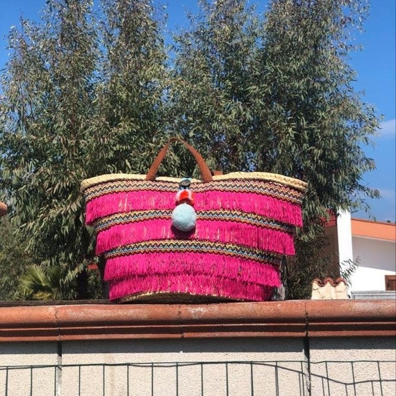 Borsa di paglia con frange fuxia e pon-pon | Etsy Italia