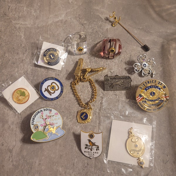 Lot of vintage Lion's club pins, Lioness Club, estate jewelry, vintage jewelry lot, lion's club, ring, pin, commemorative pin, pin collector