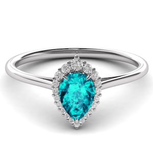 Paraiba Tourmaline Ring, Tourmaline Engagement Ring, Blue Tourmaline Dainty Ring, Pear Shaped Halo Engagement Ring, Bridal Anniversary Ring.