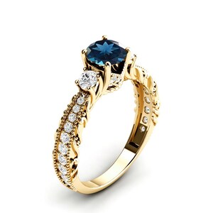 London Blue Topaz Ring, AAA Blue Topaz Engagement Ring, Topaz Wedding Ring, Vintage Filigree Ring In 14k Yellow Gold, December Birthstone.