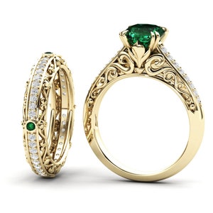 Gemstone Ring, Lab Created Emerald Ring, Emerald Engagement Ring, Emerald Wedding Set Ring, Lab Grown Emerald Ring, Yellow Gold Emerald Ring
