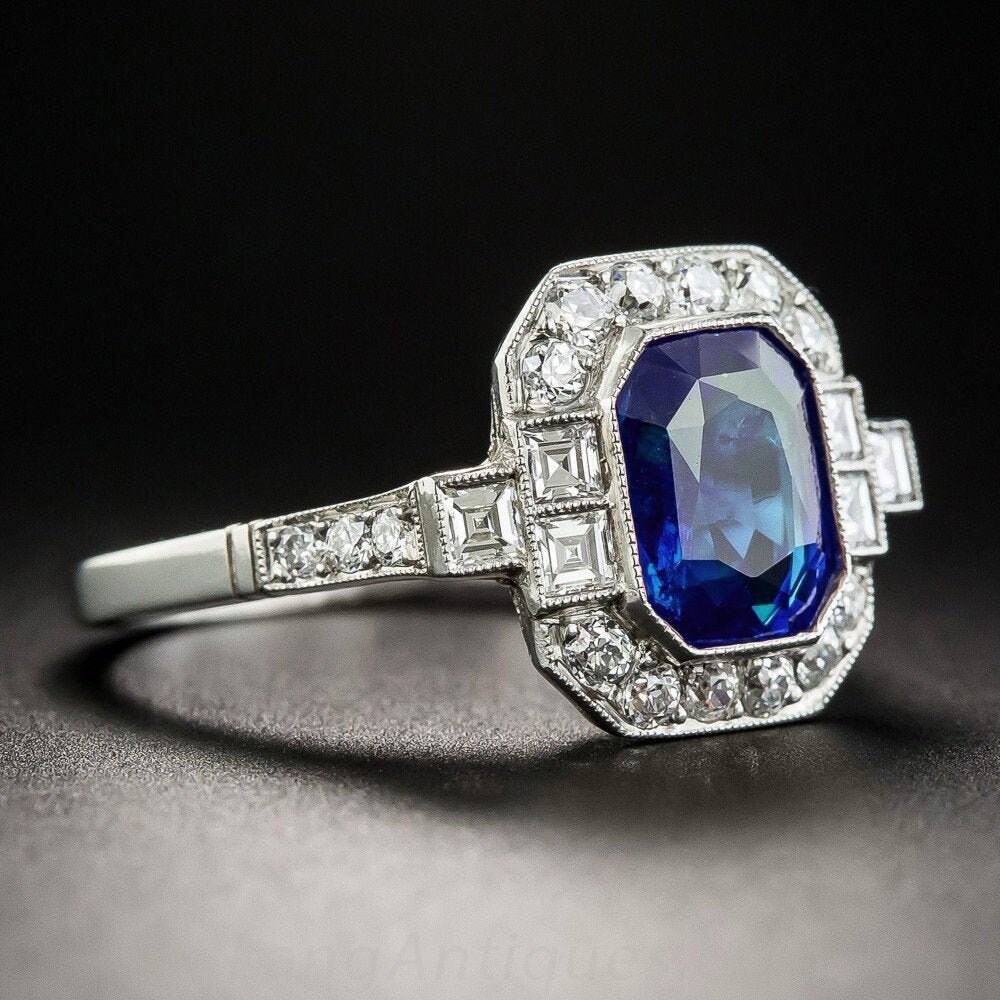 Sapphire Silver Ring Art Deco Blue Sapphire Hand Engraving