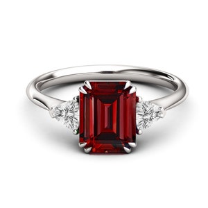 Emerald Shaped Red Garnet Engagement Ring Art Deco Red Garnet Wedding Ring 925 Sterling Silver Red Garnet Bridal Anniversary Ring For Women