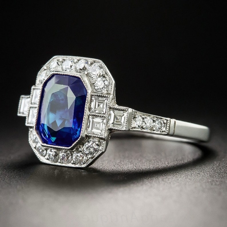Art Deco Sapphire Ring /Emerald Cut Blue Sapphire Vintage | Etsy