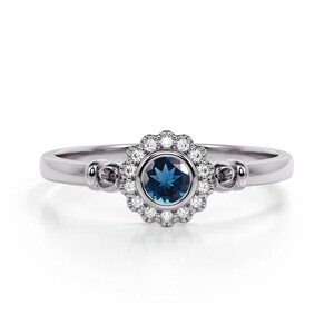 14k Solid Gold London Blue Topaz Ring, London Blue Topaz Antique Engagement Ring,Art Deco Floral Wedding Ring,Blue Topaz Bridal Promise Ring