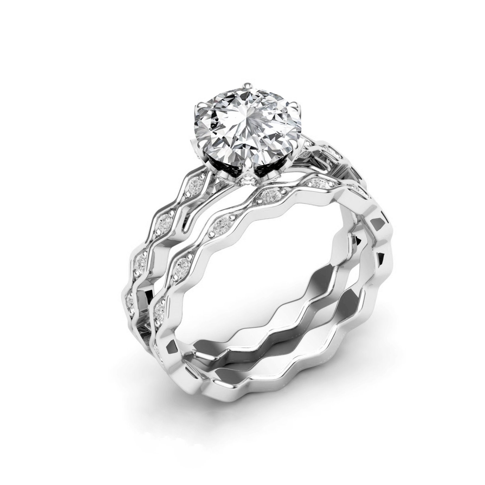 White Sapphire Ring Set Sterling Silver Sapphire Ring Etsy