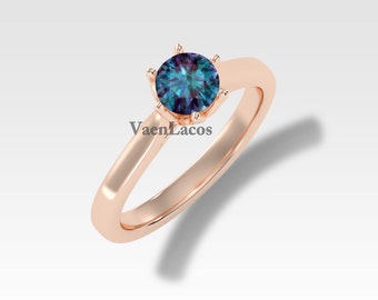 14k Gold Alexandrite Solitaire Engagement Ring Round Shaped Alexandrite Statement Wedding Ring Unique Dainty Bridal Anniversary Ring For Her
